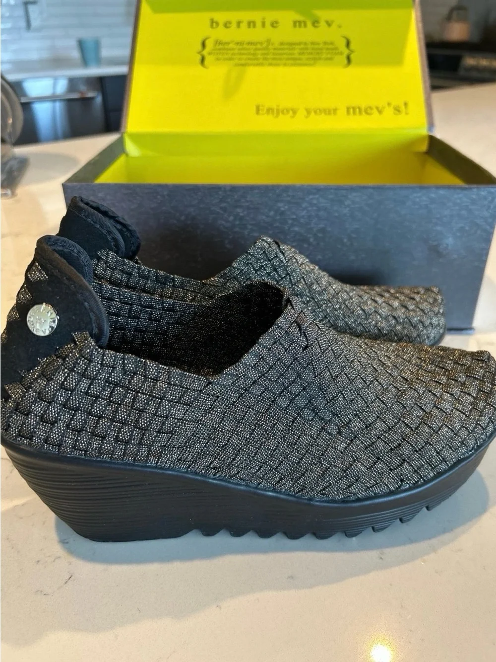bernie mev. Mettalic Black Woven Slip-On Wedge Sneakers